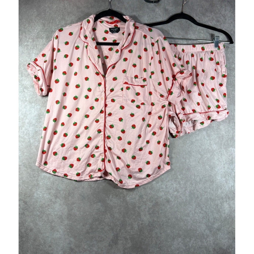 Kate Spade Pajama Set Women XL Pink Strawberry Short Sleeve Button Up Shorts Set